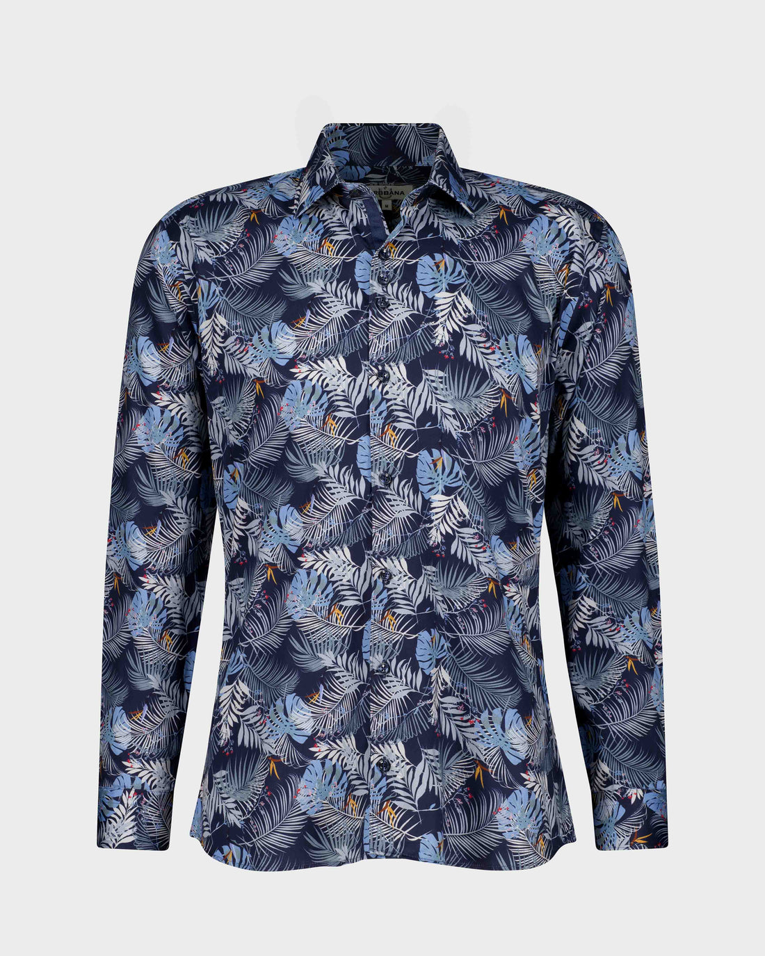 Navy Shirt with Palm Fronds and Yellow Floral Details – Tropical Men’s Fashion