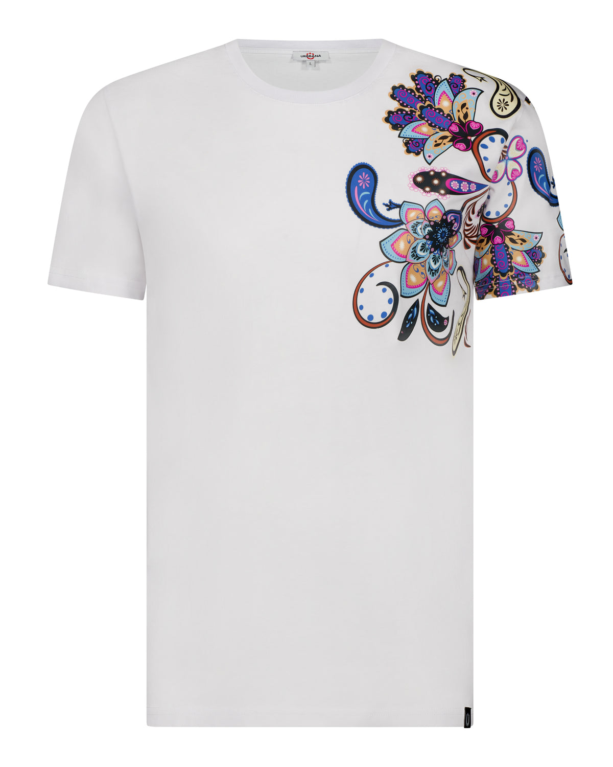 Fine Cotton T-shirt with Shoulder Paisley Print - White - Unique Handmade T-Shirts 