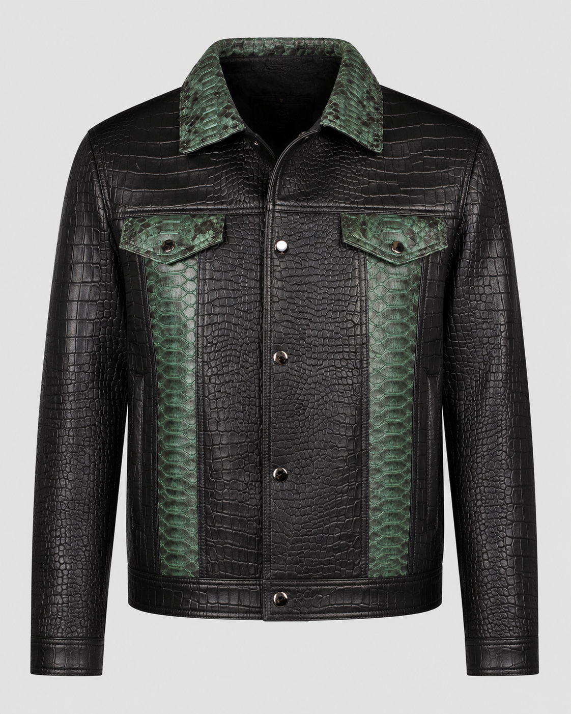 Black and green textured leather jacket with flap chest pockets, shown from the front.