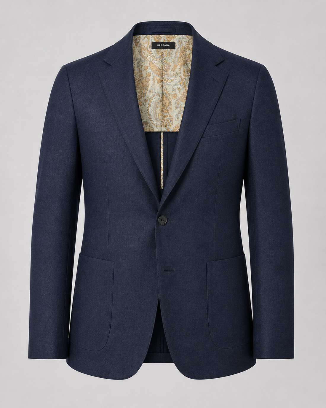 A navy blue single-breasted suit jacket with notch lapels and a two-button closure, featuring a patterned beige and gold paisley lining visible inside the collar, set against a solid gray background.