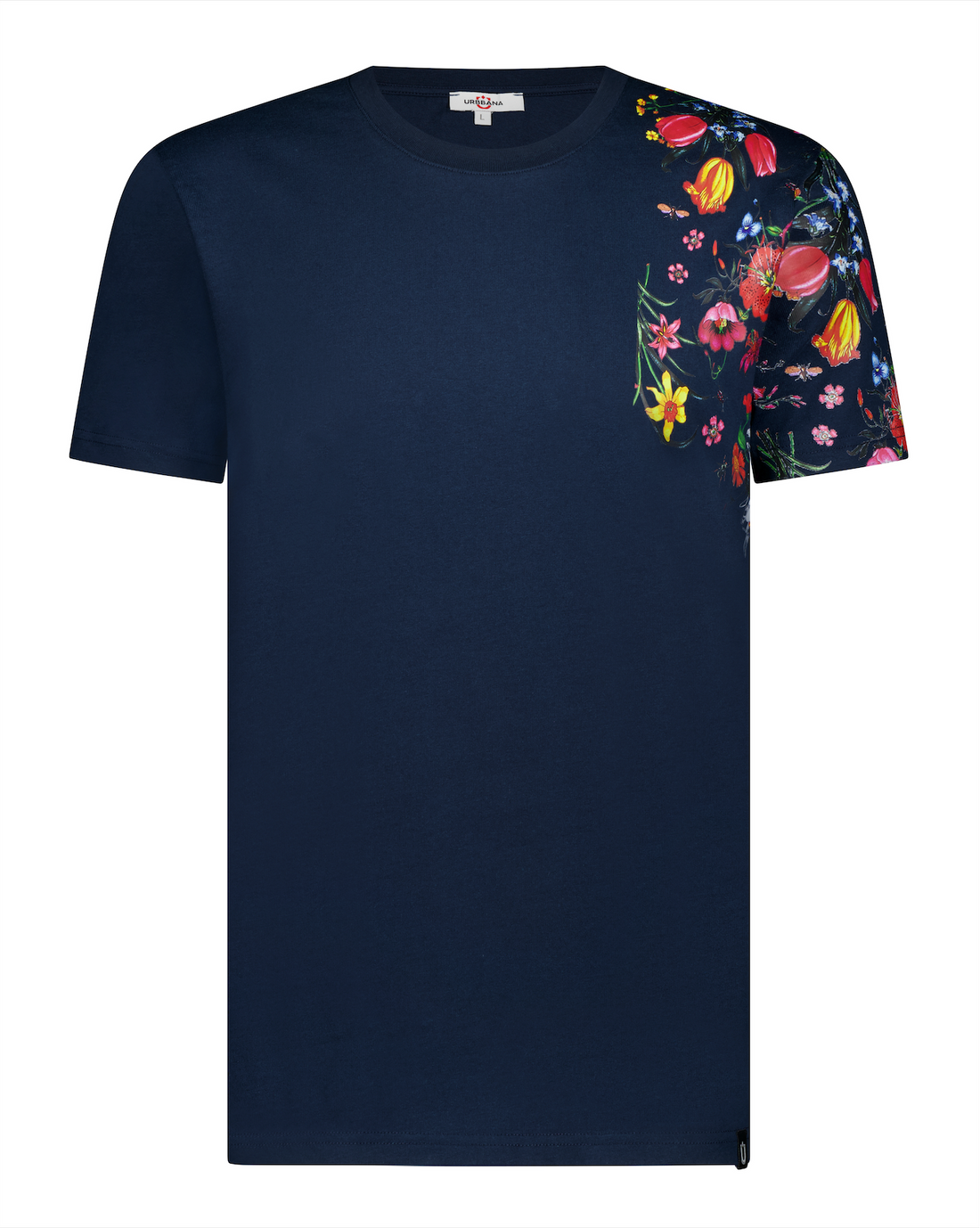 Fine Cotton T-shirt with Shoulder Floral Print - Navy