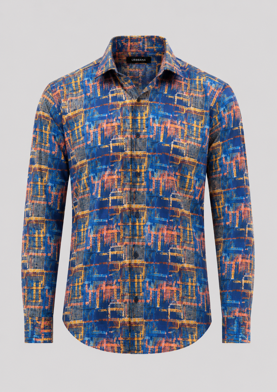 Aristotle shirt with a navy and orange abstract print, shown from the front.