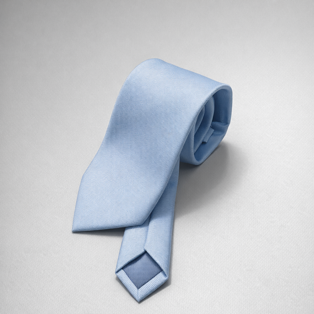 Baby blue silk Ascot tie on a grey background.
