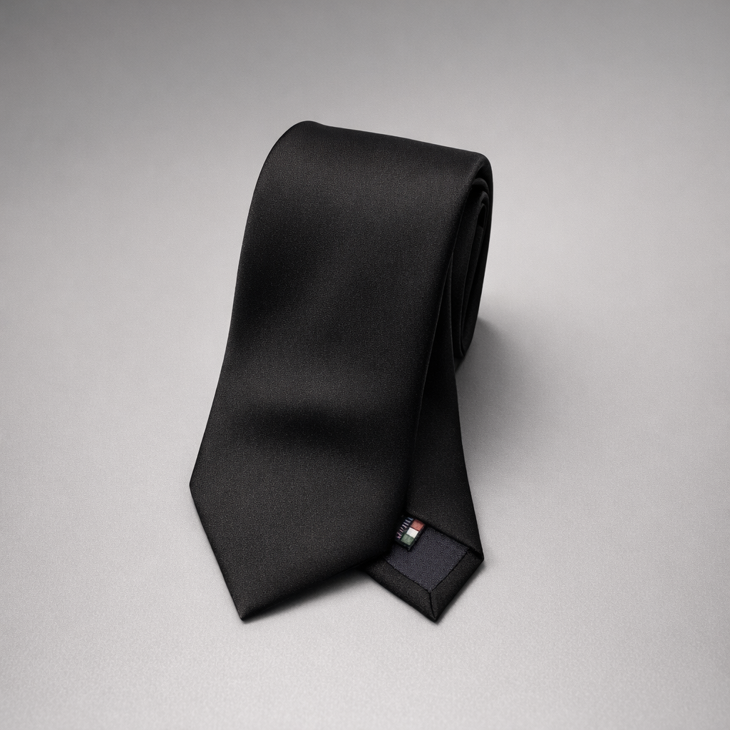 Black silk Ascot tie on a grey background.