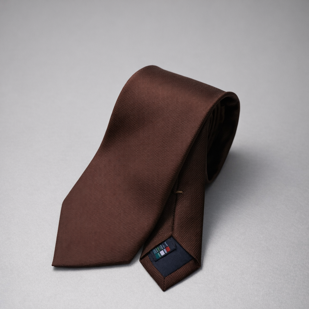 Brown silk Ascot tie on a grey background.