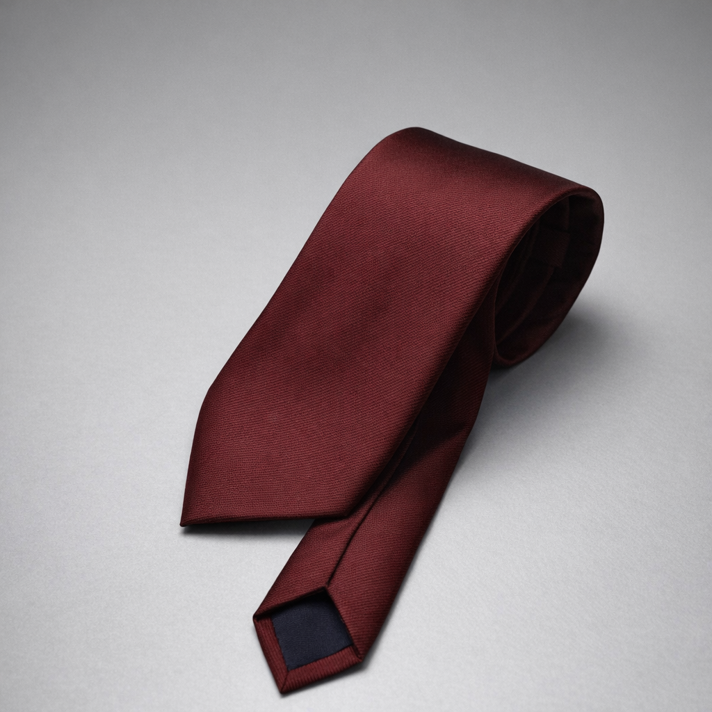 Burgundy silk Ascot tie on a grey background.