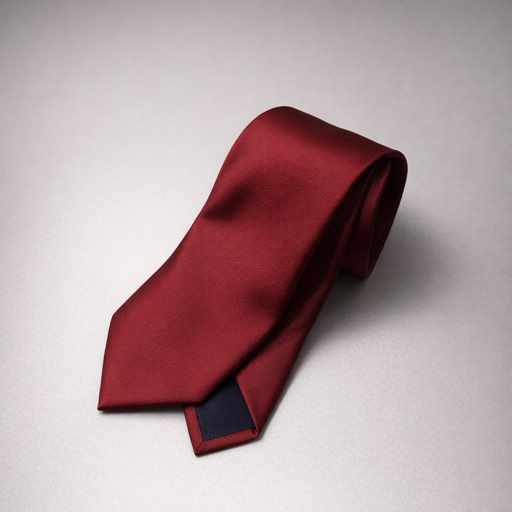 Cherry red silk Ascot tie on a grey background.