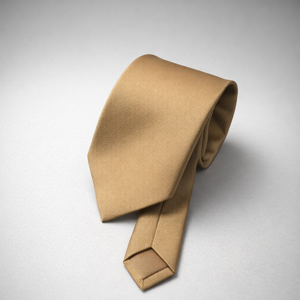 Gold silk Ascot tie on a grey background.
