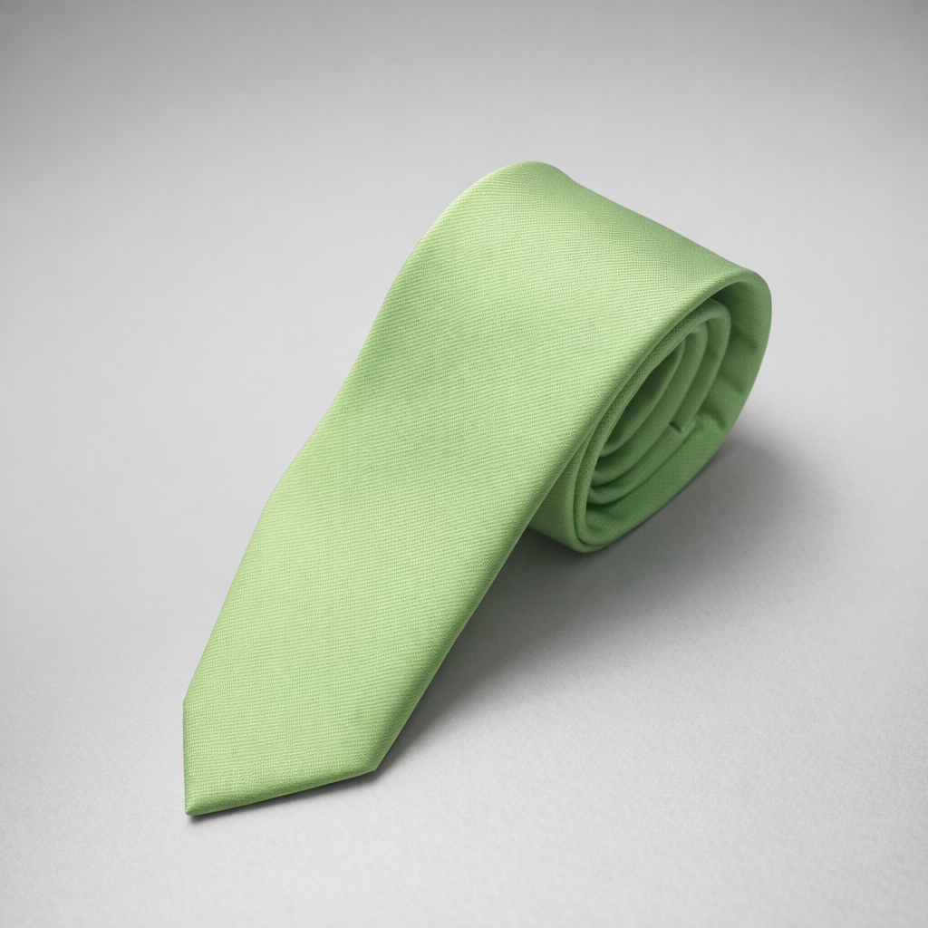 Light green silk Ascot tie on a grey background.