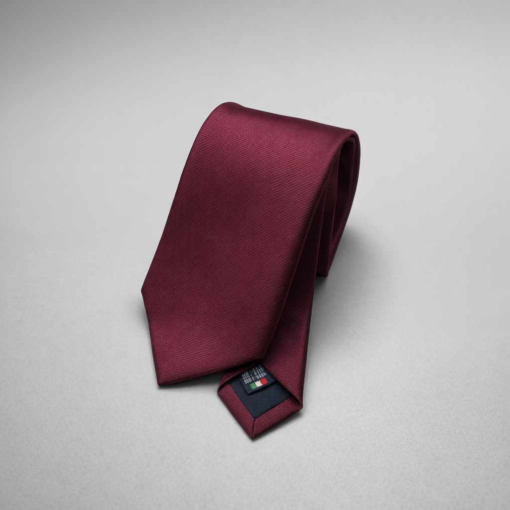Maroon silk Ascot tie on a grey background.