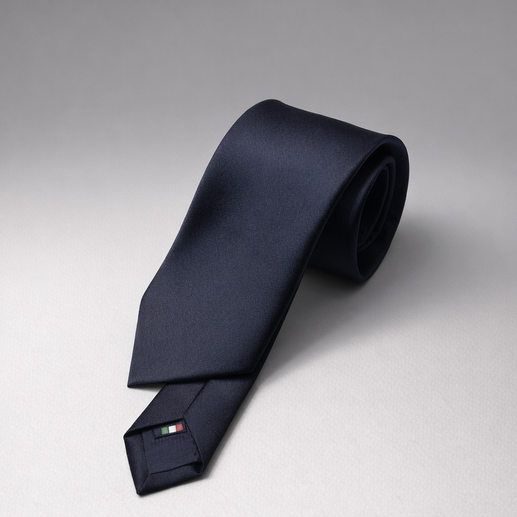 Navy silk Ascot tie on a grey background.