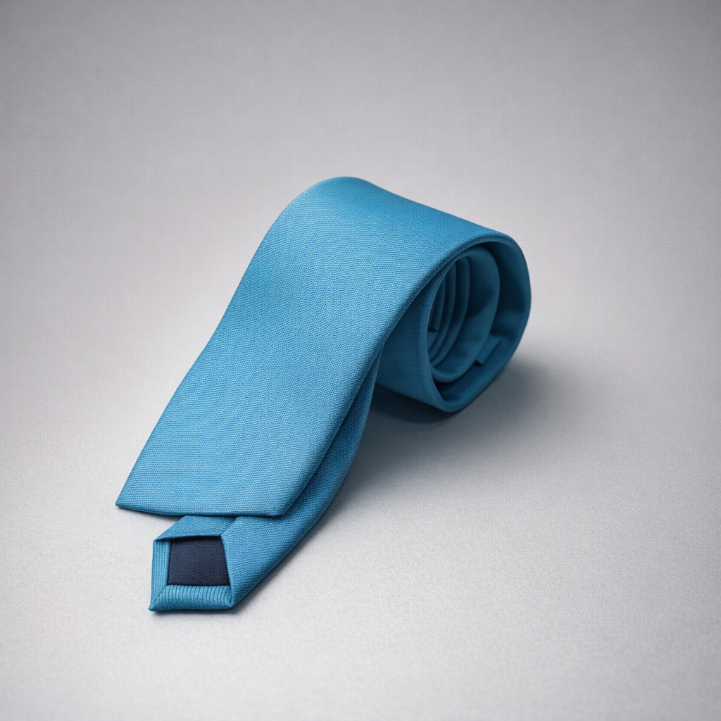 Ocean blue silk Ascot tie on a grey background.