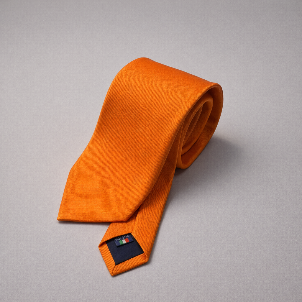 Orange silk Ascot tie on a grey background.