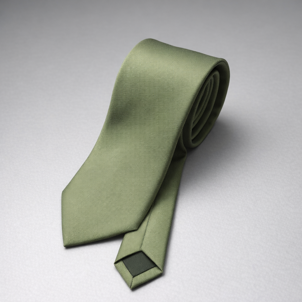 Pastel green silk Ascot tie on a grey background.