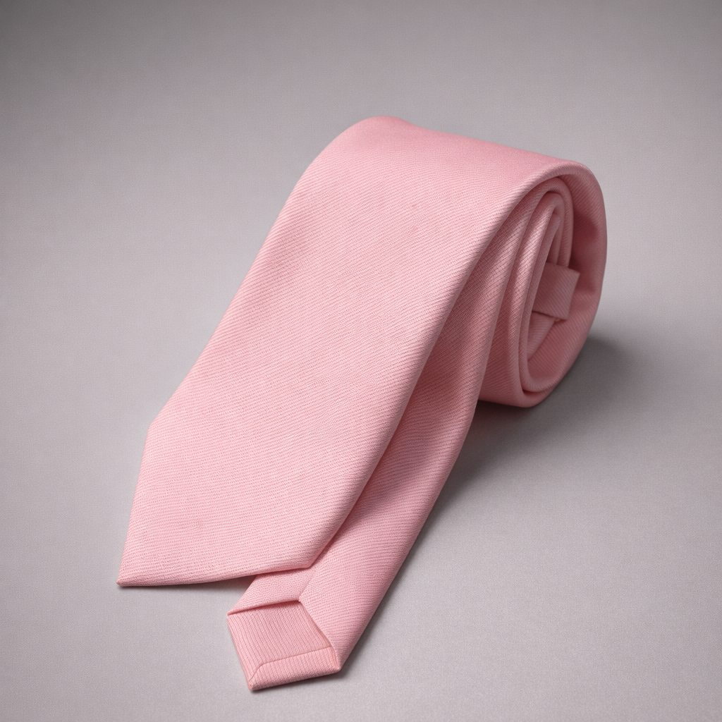 Pastel pink silk Ascot tie on a grey background.