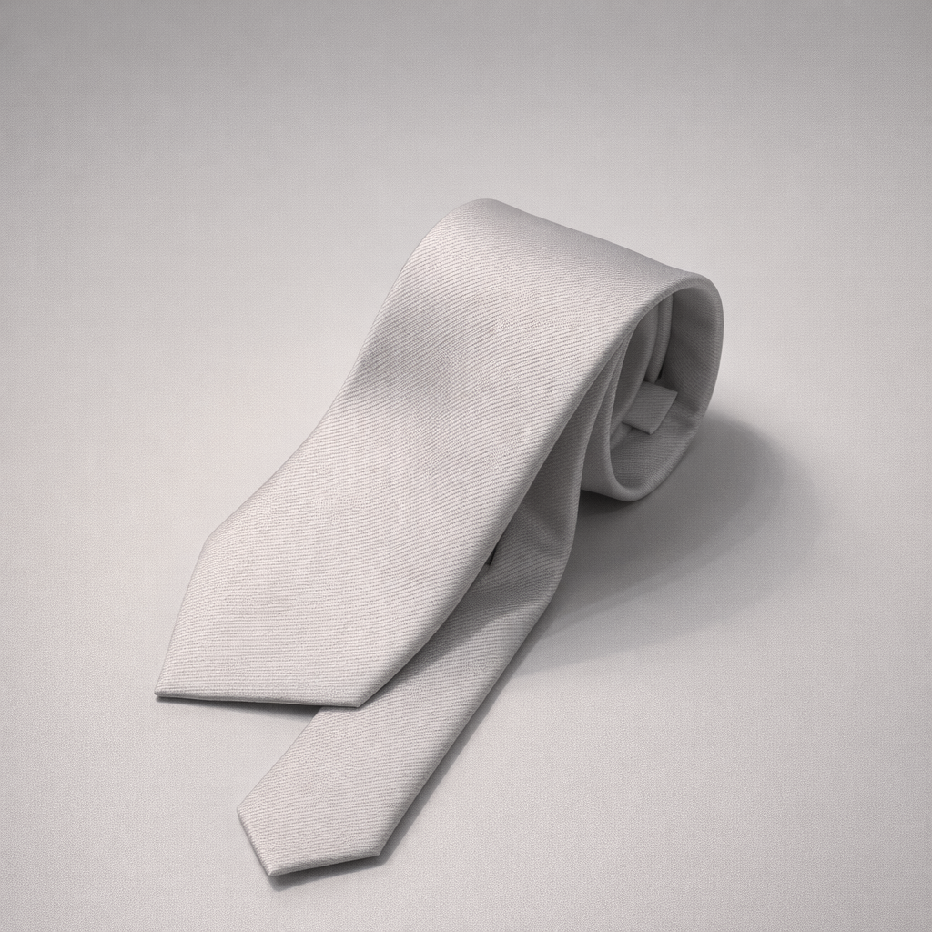 Silver silk Ascot tie on a grey background.