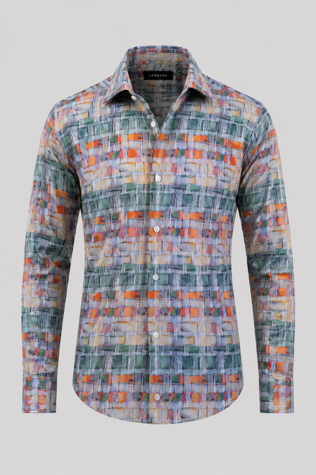 Basquiat shirt with a multicolour grid print, shown from the front.