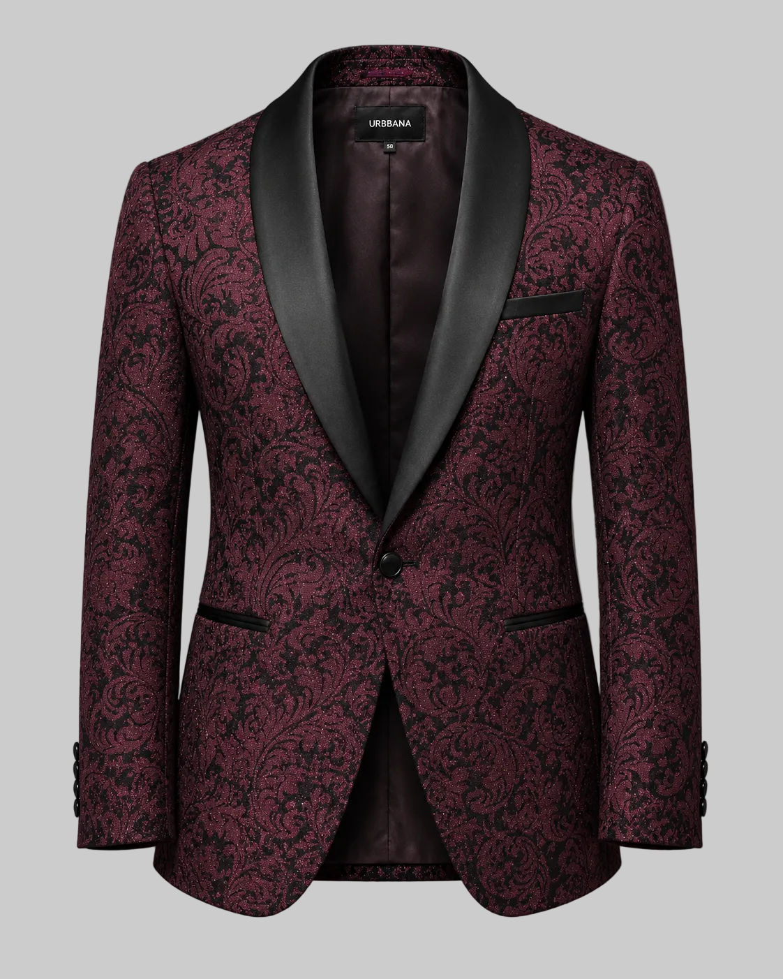 Burgundy paisley Hefner ceremony jacket with black satin shawl lapels.