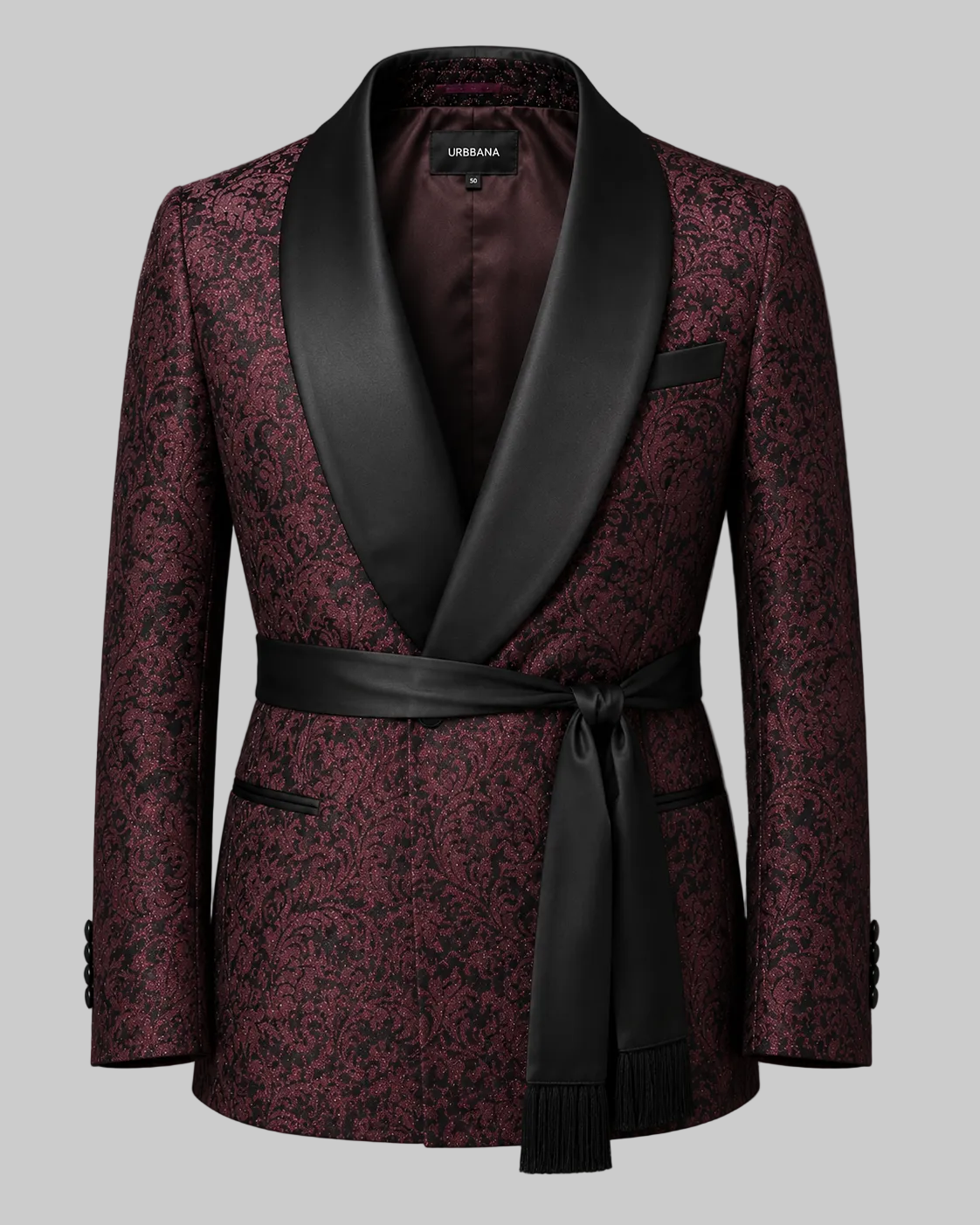 Burgundy paisley Hefner cigar jacket with a black satin belt.