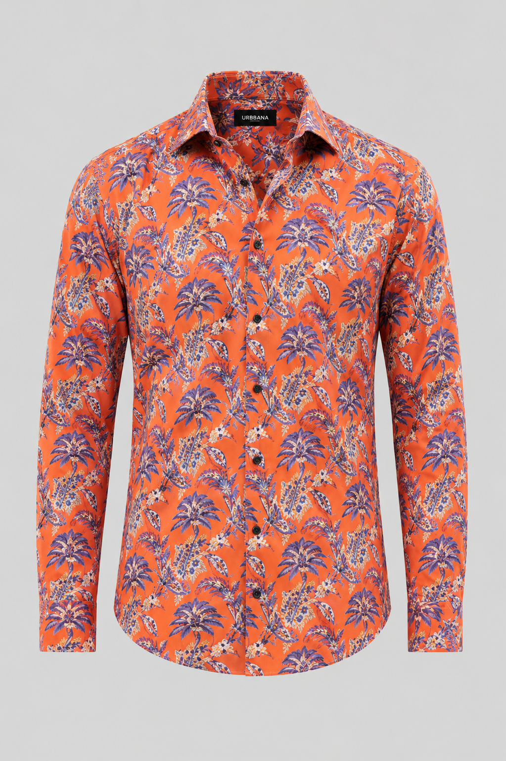 Hockney shirt with a burnt orange tropical botanical print, shown from the front.