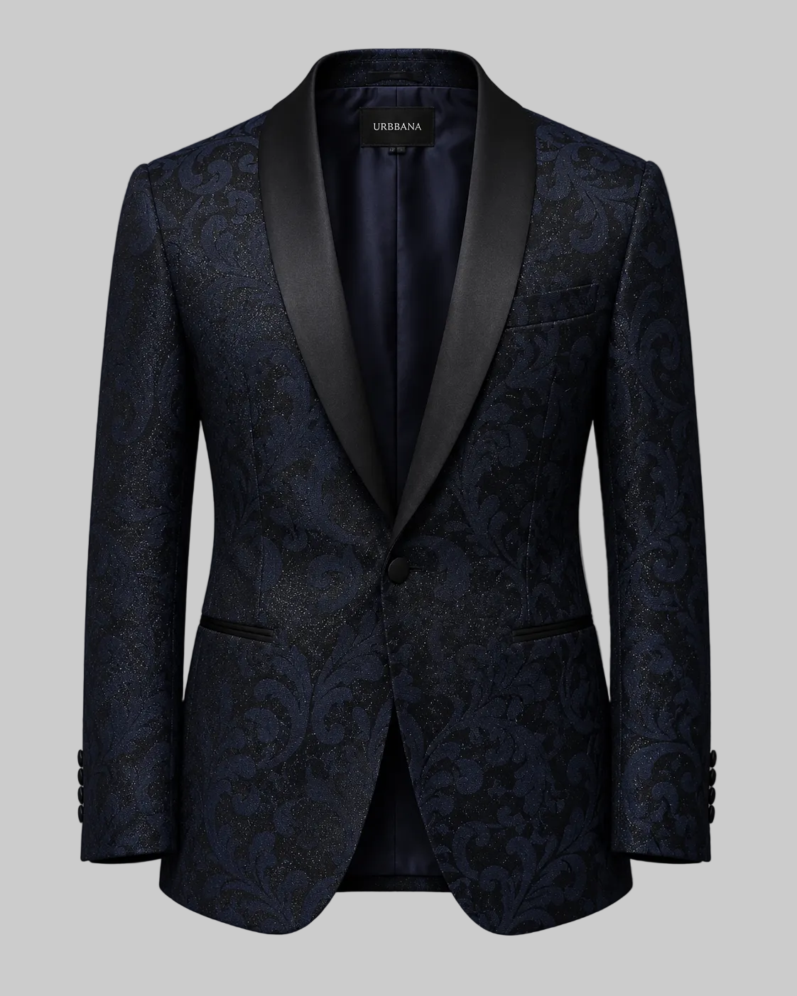 Navy jacquard Hugh ceremony jacket with black satin shawl lapels, shown from the front.