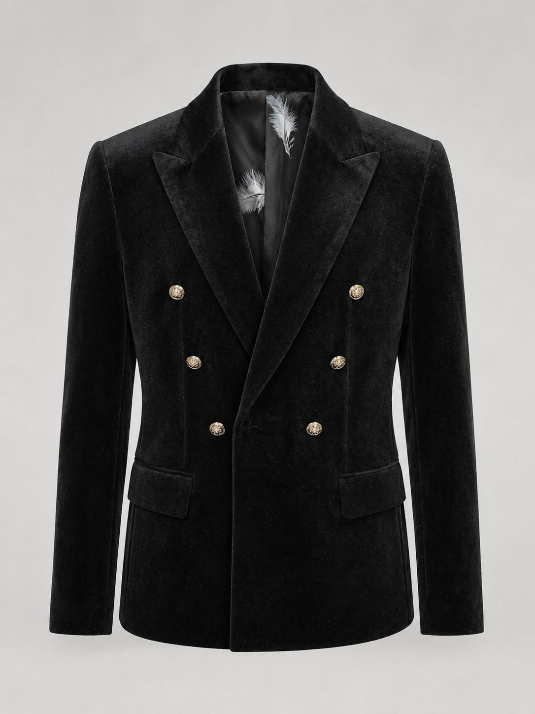 Black velvet James ceremony jacket with a double-breasted gold-button front.