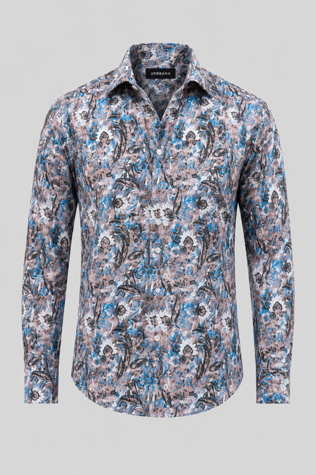 London shirt with a dark multicolour abstract print, shown from the front.