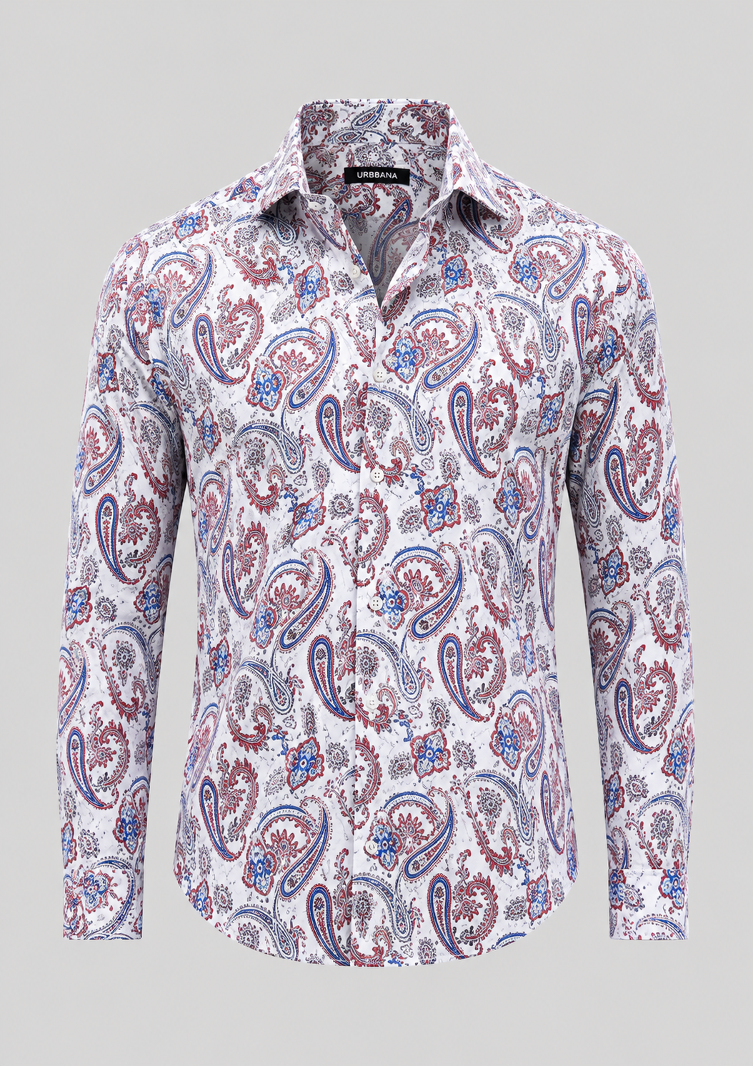Nietzsche shirt with a white, red and navy paisley print, shown from the front.
