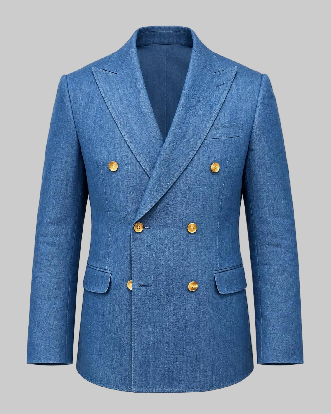 Light blue double-breasted Scott ceremony jacket with gold buttons.
