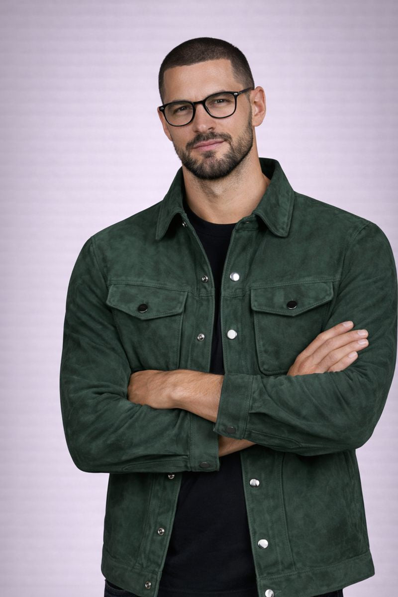 Man wearing a green jacket with a plain background