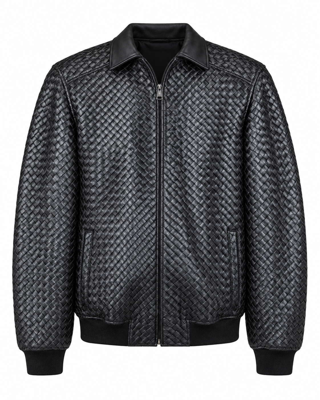 Black fully braided leather bomber jacket front view
