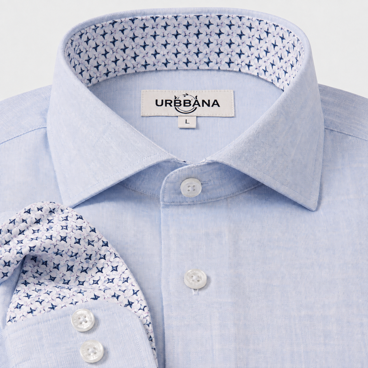 The Byblos linen shirt in blue – URBBANA neck label, collar and cuff detail