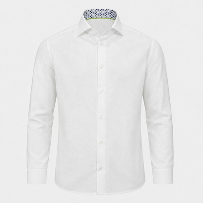 The Byblos linen shirt in white – ghost mannequin with closed cuffs