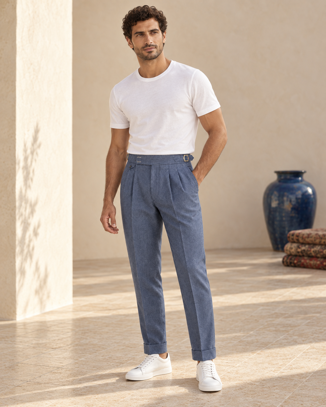 Model wearing Byron Trousers Denim with white T-shirt