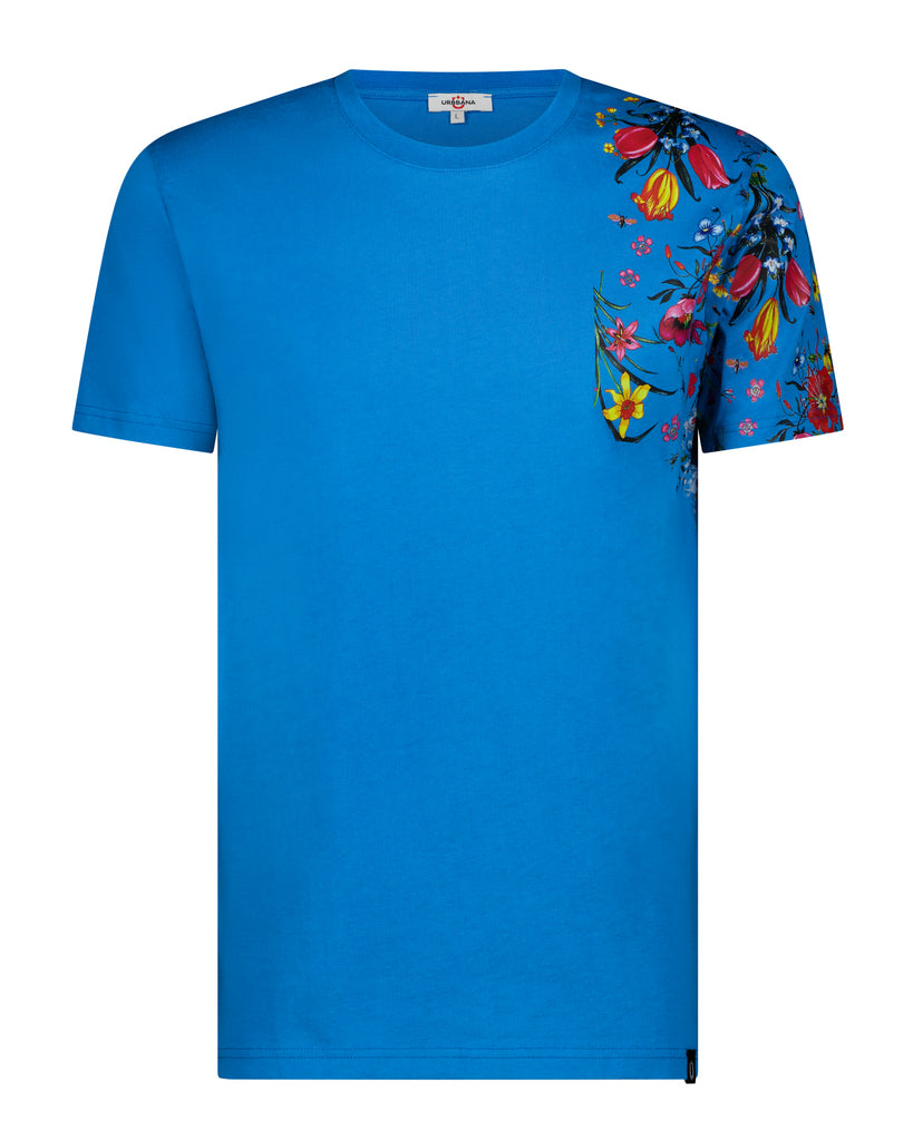 Fine Cotton T-shirt with Shoulder Floral Print - Blue - t-shirt by Urbbana