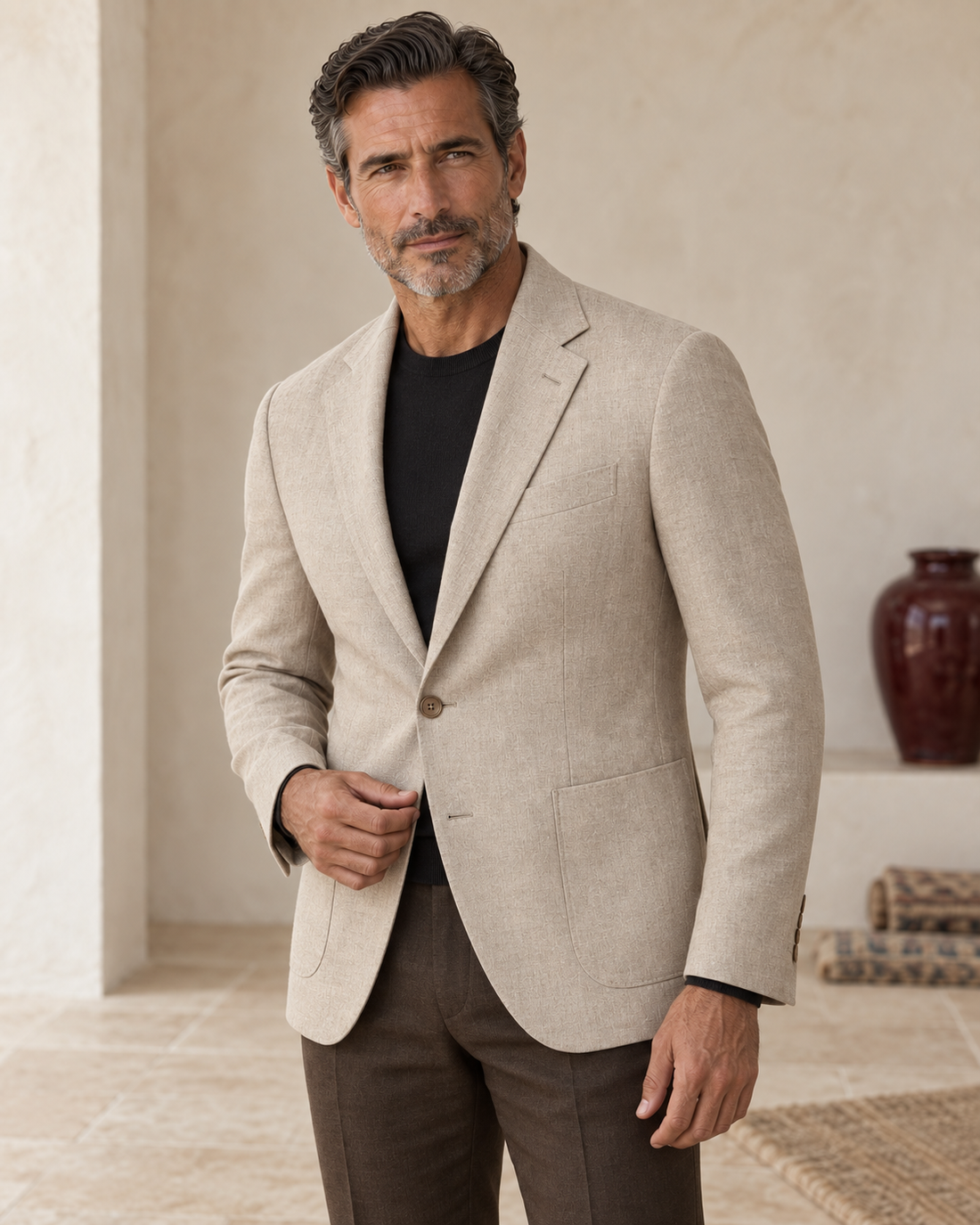 Model wearing Etreta Linen Blazer Beige