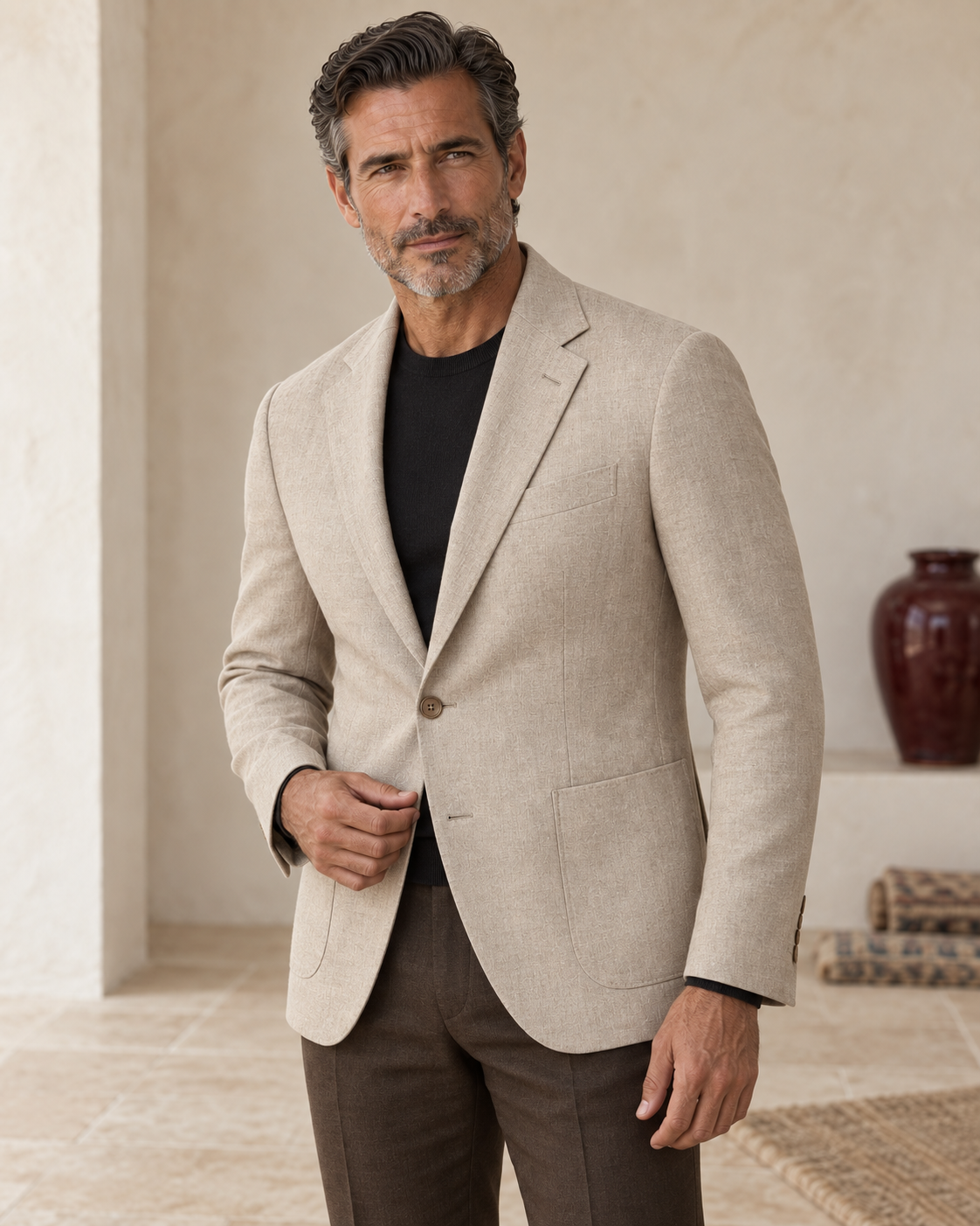 Model wearing Etreta Linen Blazer Beige