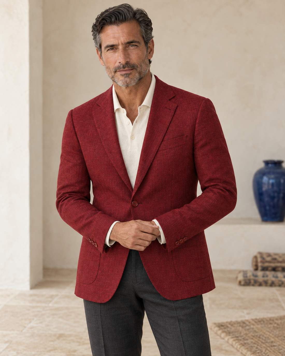 Model wearing Etreta Linen Blazer Crimson