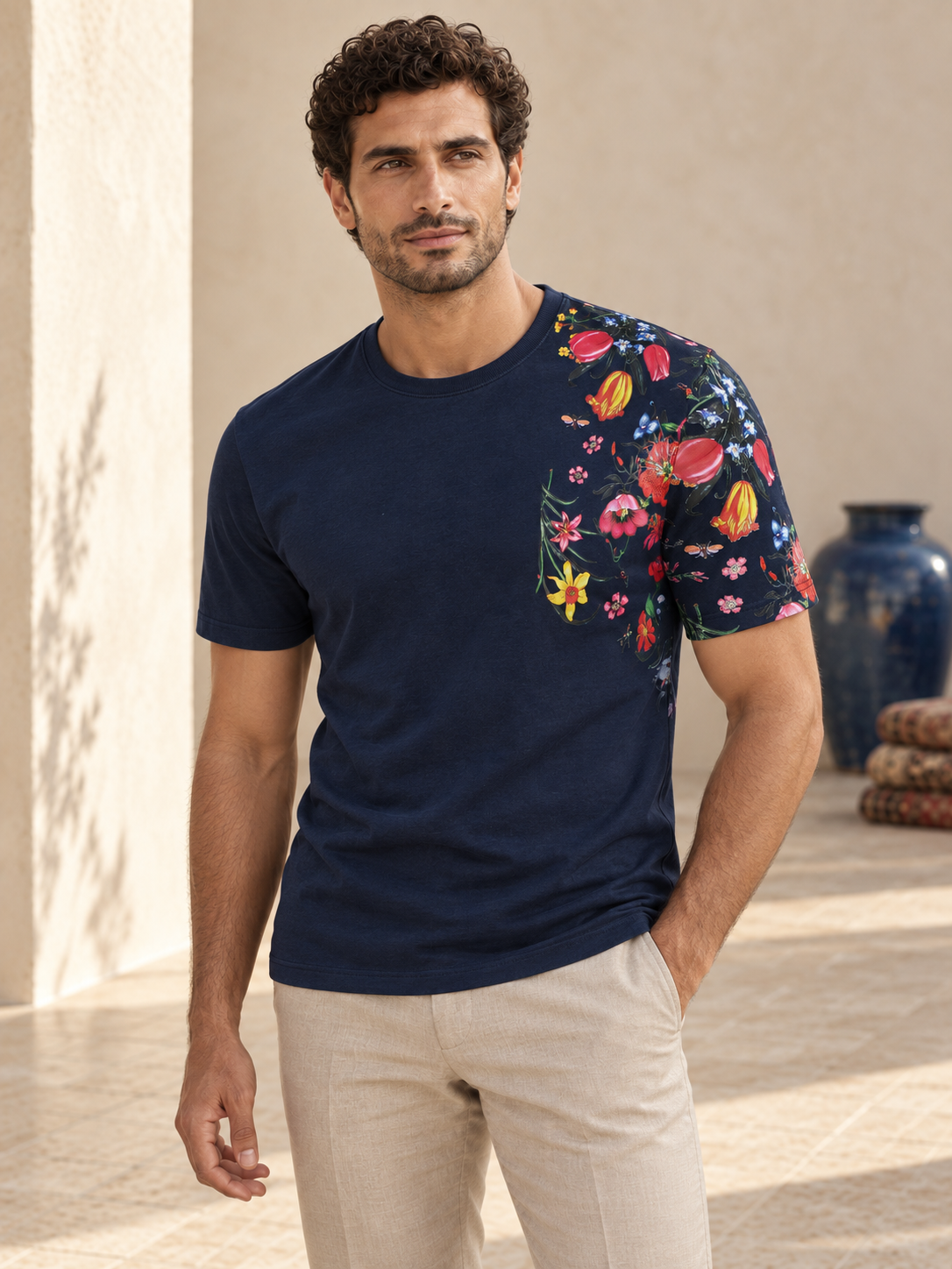 Model wearing Fine Cotton T-shirt with Shoulder Floral Print Navy