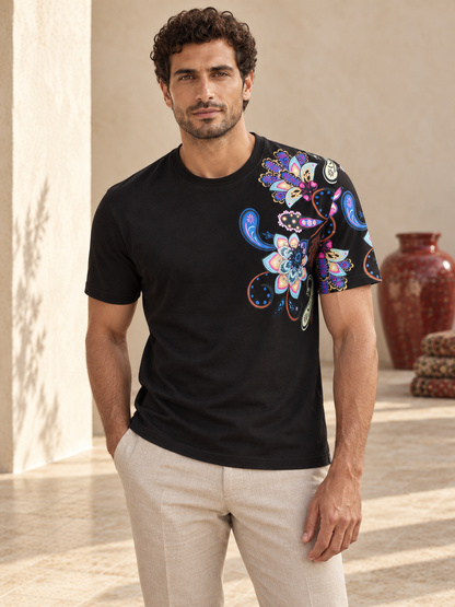 Model wearing Fine Cotton T-shirt with Shoulder Paisley Print Black