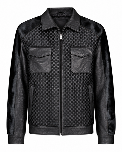 Black pocketed horsehair leather jacket front view