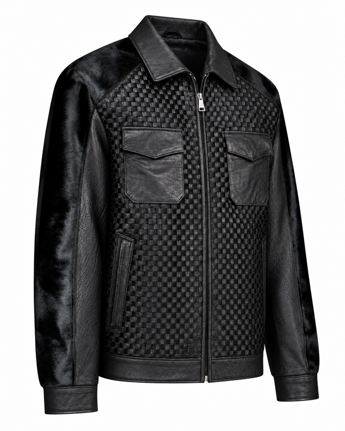 Black pocketed horsehair leather jacket left three-quarter view