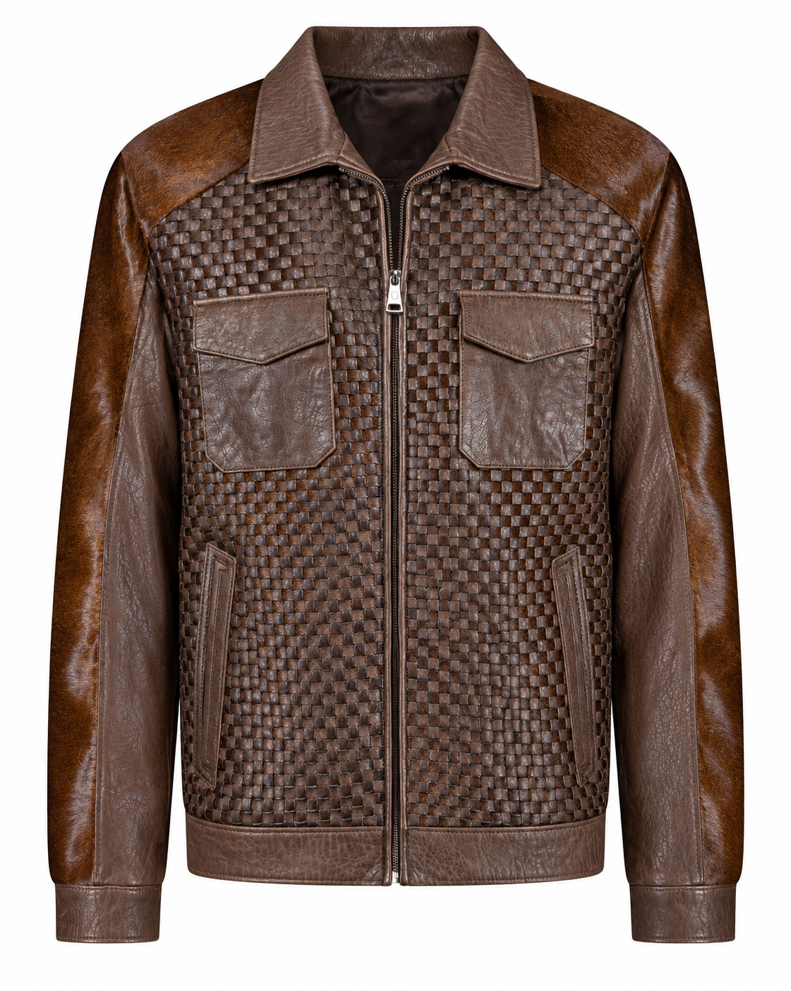 Cognac brown pocketed horsehair leather jacket front view
