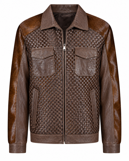 Cognac brown pocketed horsehair leather jacket front view