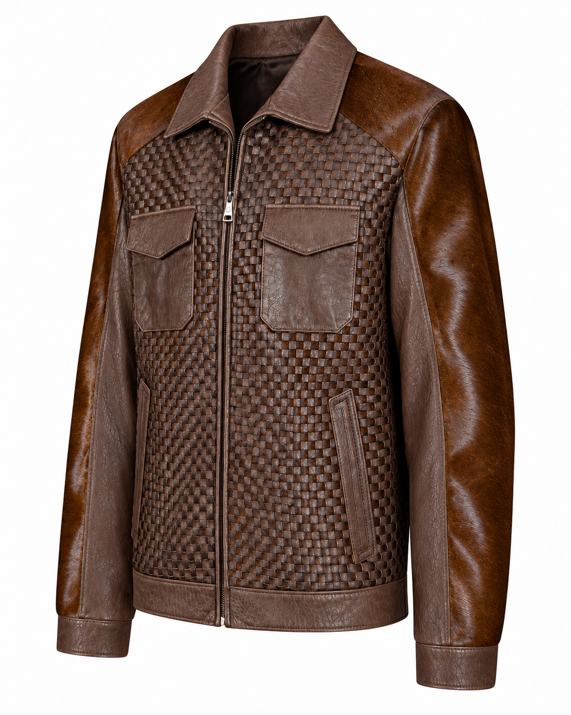 Cognac brown pocketed horsehair leather jacket left three-quarter view