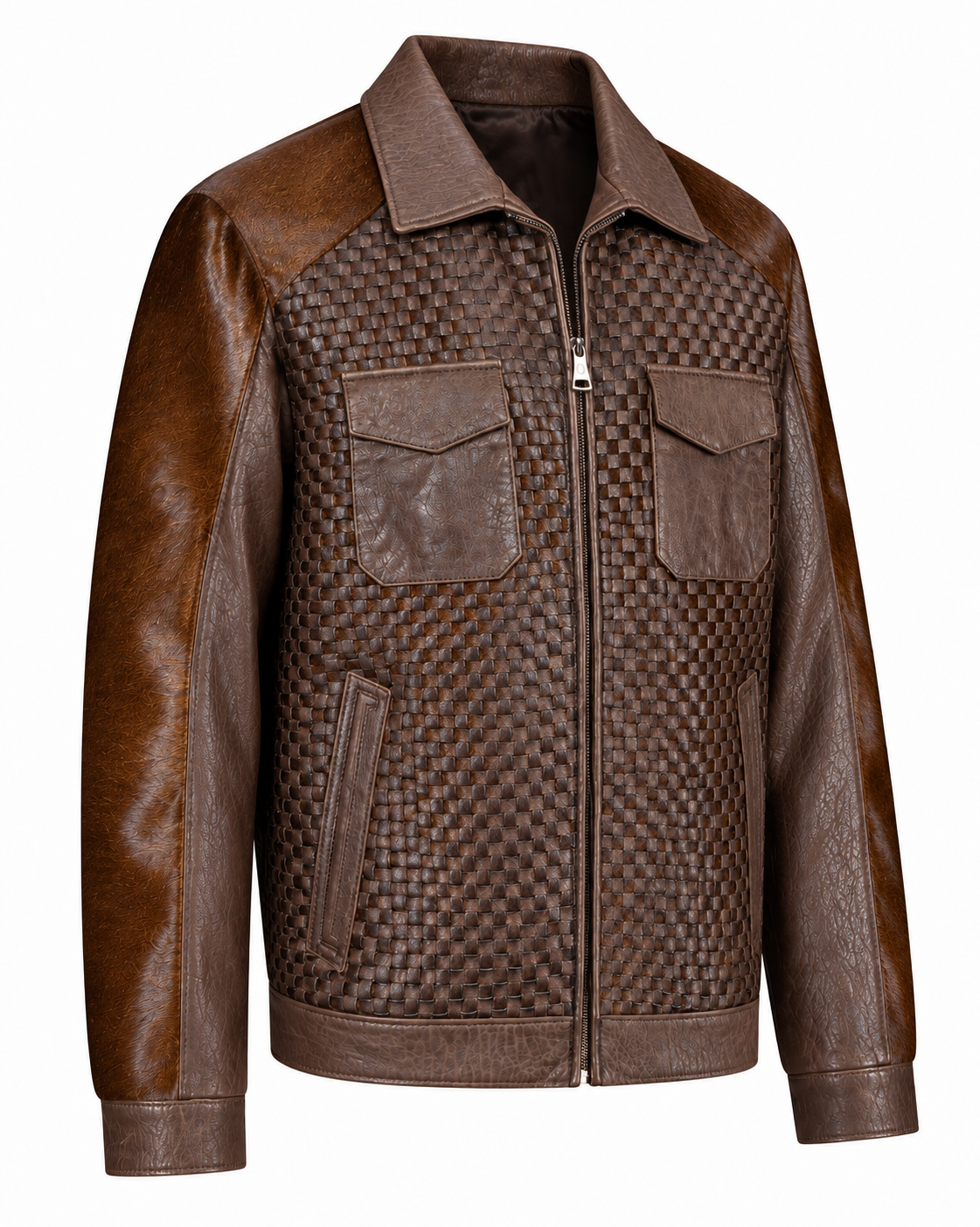 Cognac brown pocketed horsehair leather jacket right three-quarter view