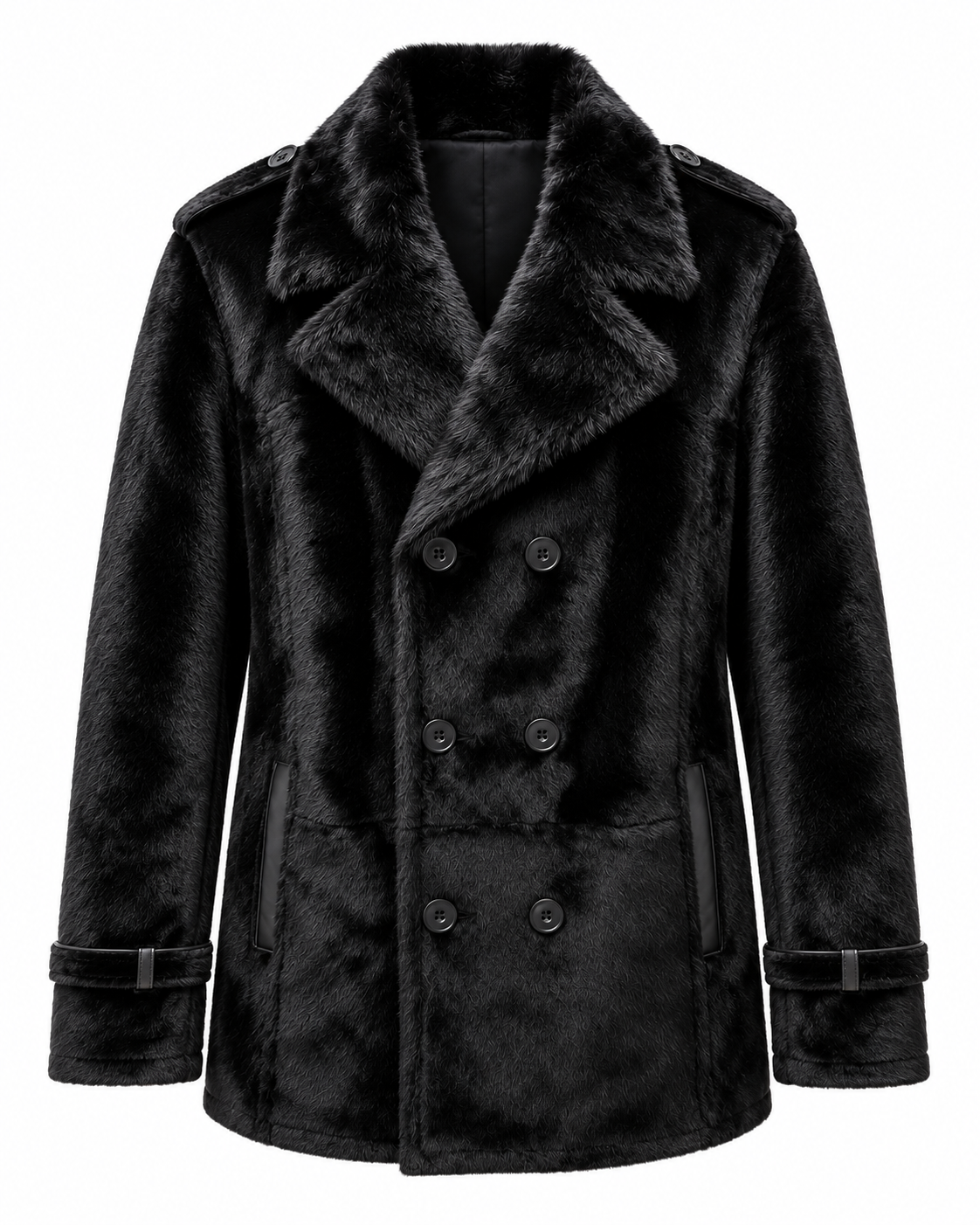 Black kangaroo fur leather jacket with mink collar, front view