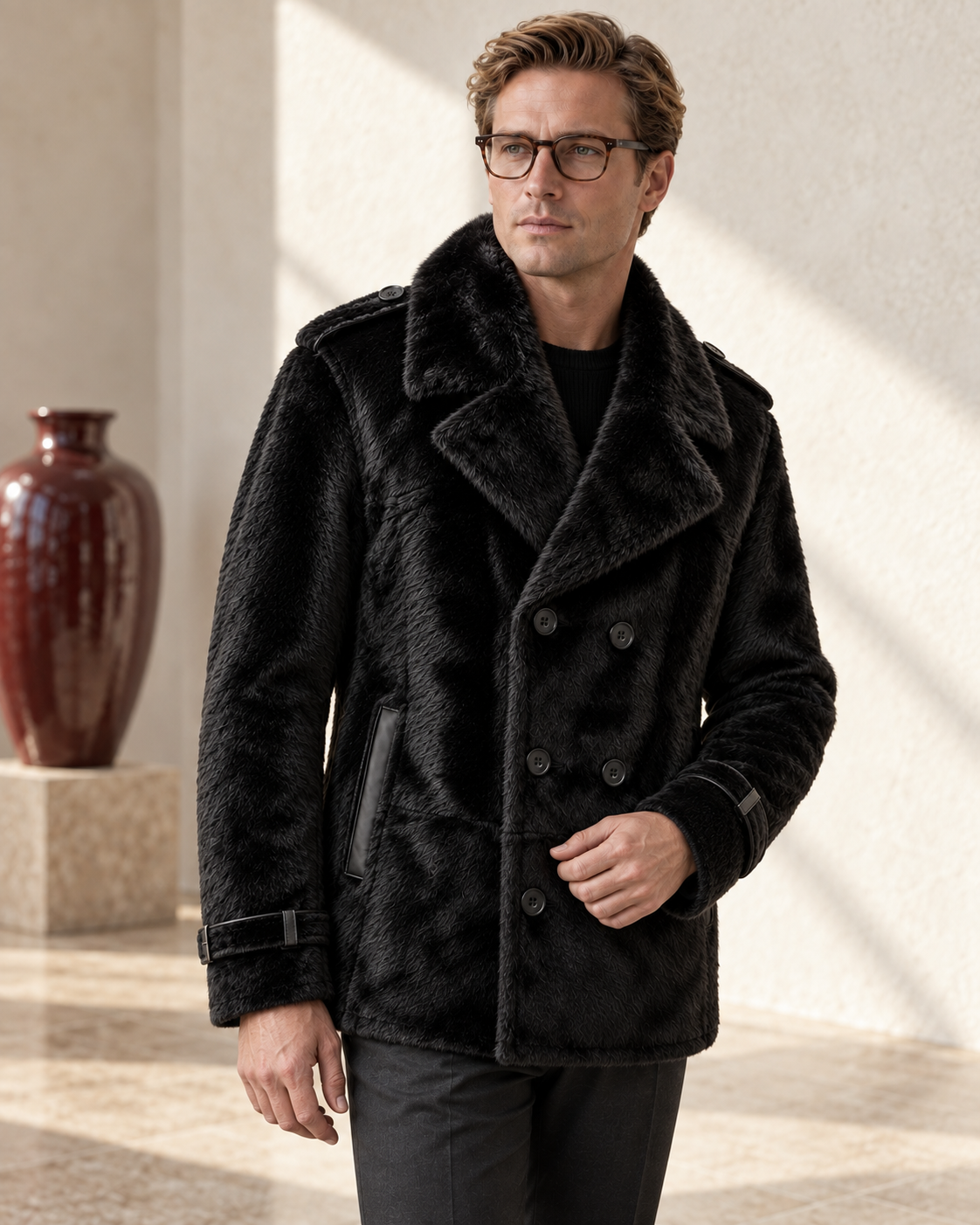Male model wearing the Kangaroo Fur Leather Jacket in a minimal studio with a red ceramic vase