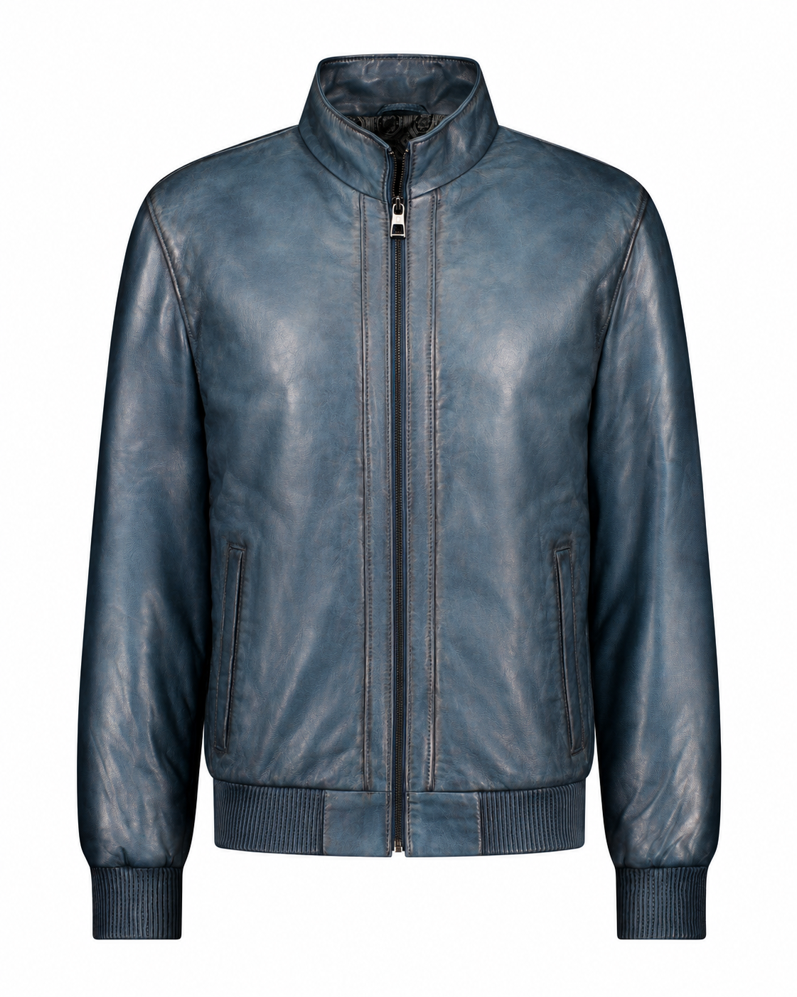 Teal patina lambskin leather bomber jacket front view