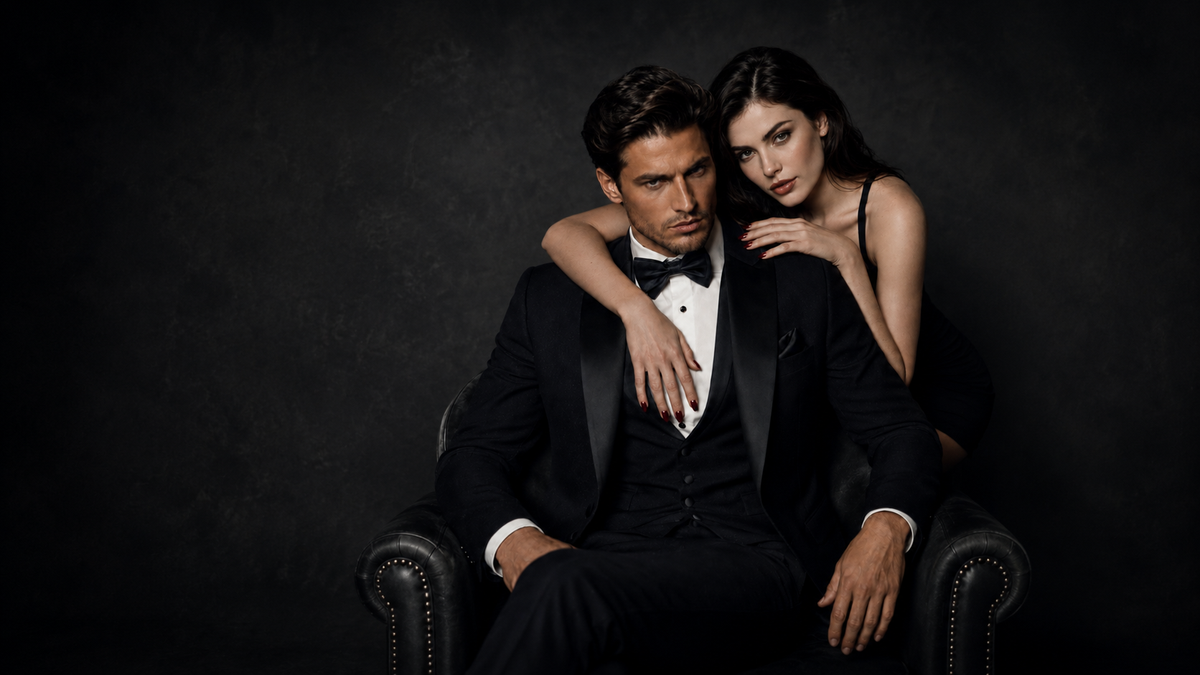 Formal couple in black eveningwear seated together in a dark studio setting.